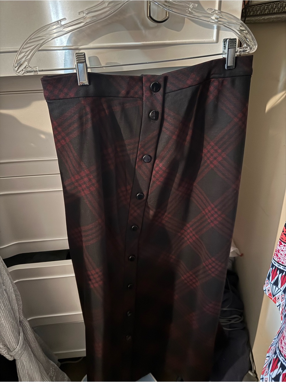 CJ Banks Black & Burgundy Plaid Button-Front Midi Skirt